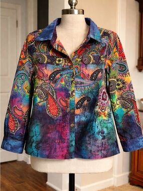 Willow Ridge Paisley Denim Jacket Women’s Large Colorful Boho 100% Cotton